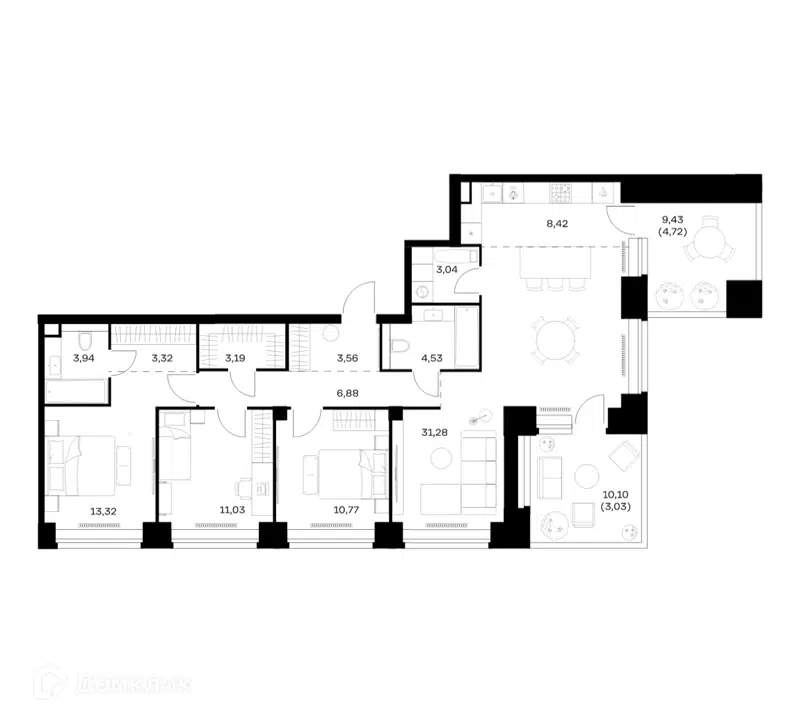 3-комнатная квартира 111.03 м² Нова