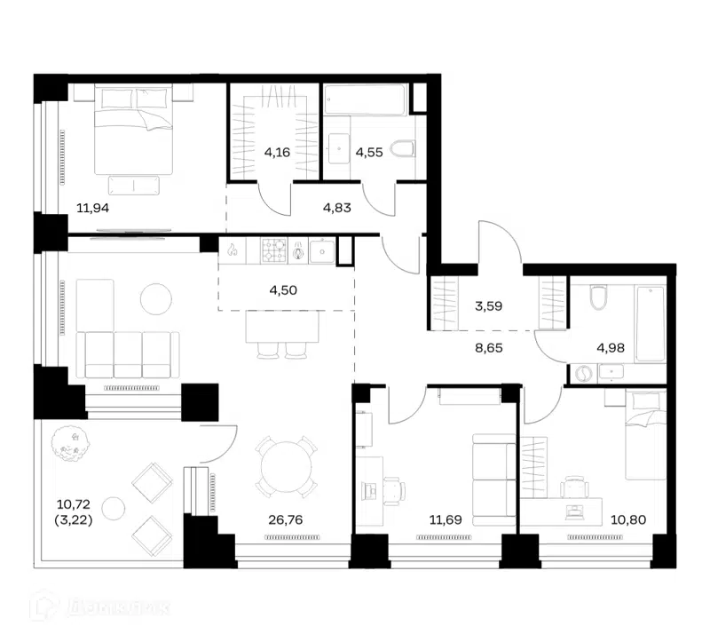 3-комнатная квартира 99.67 м² Нова