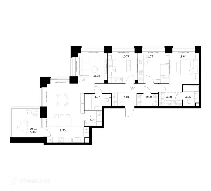 3-комнатная квартира 107.85 м² Нова
