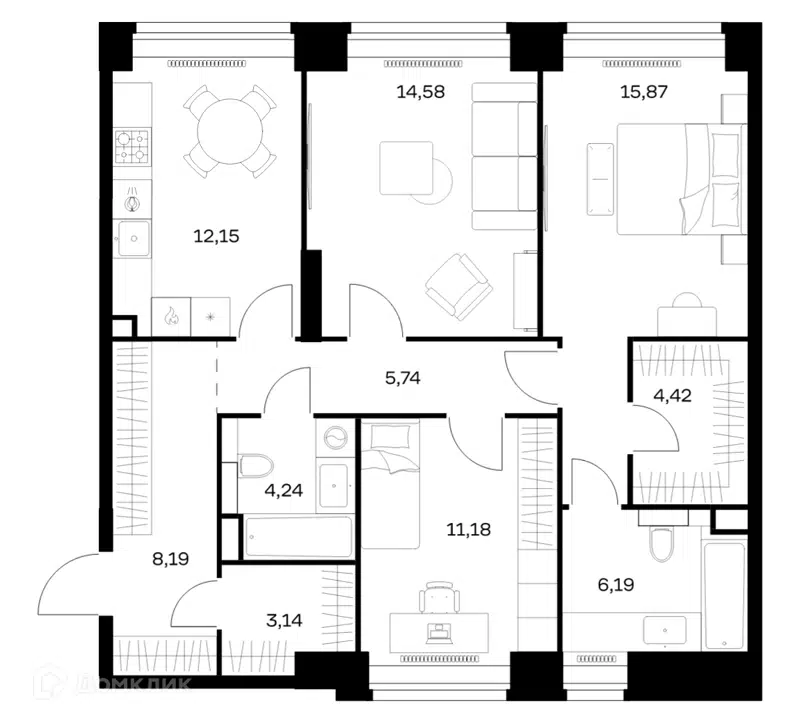 3-комнатная квартира 85.7 м² Нова