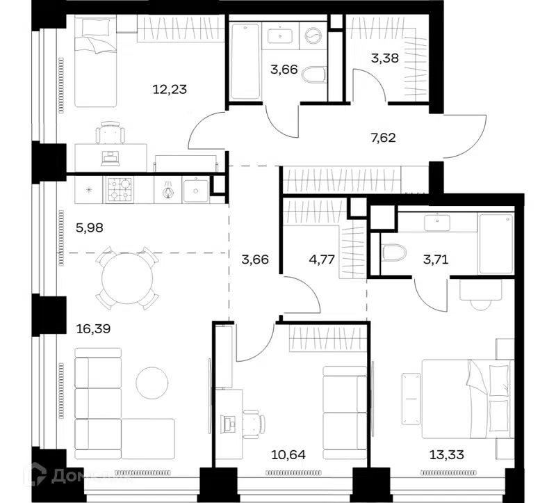 3-комнатная квартира 85.37 м² Нова