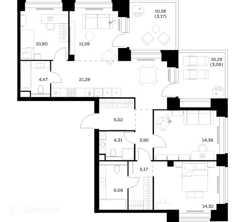 3-комнатная квартира 107.57 м² Нова