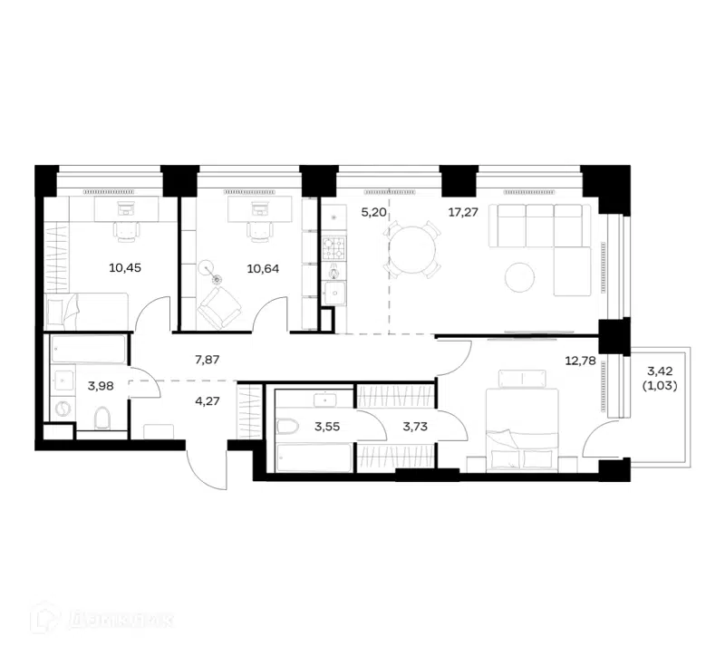 3-комнатная квартира 80.77 м² Нова