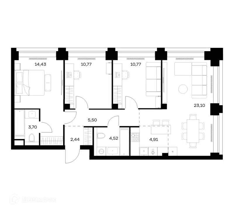 3-комнатная квартира 80.14 м² Нова