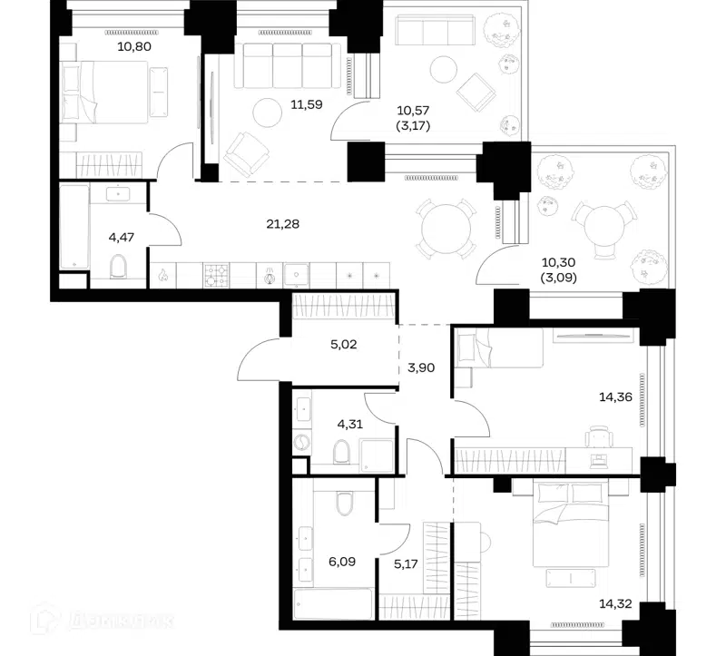 3-комнатная квартира 107.57 м² Нова