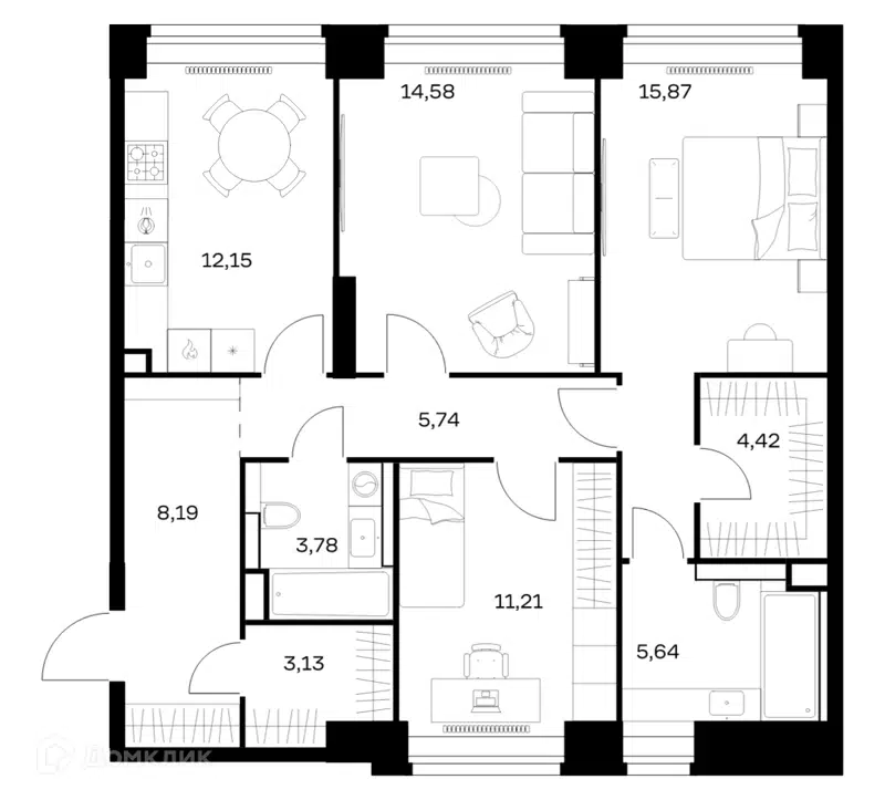 3-комнатная квартира 84.71 м² Нова