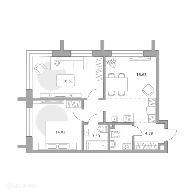 2-комнатная квартира 62.95 м² Дубровка от Гранель