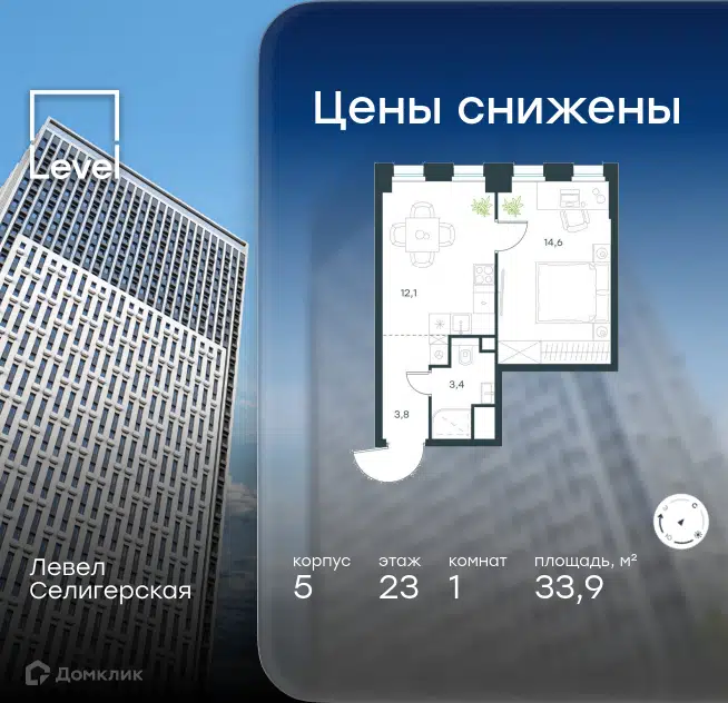 1-комнатная квартира 33.9 м² Левел Селигерская