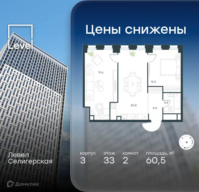 2-комнатная квартира 60.5 м² Левел Селигерская