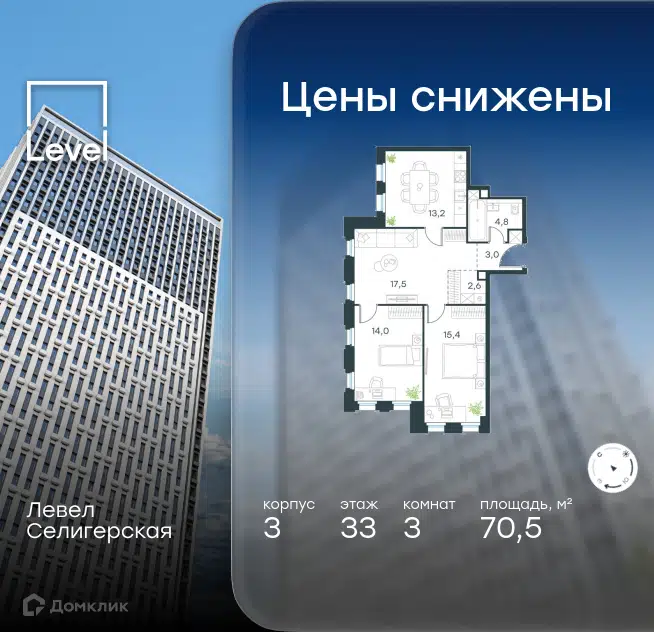 3-комнатная квартира 70.5 м² Левел Селигерская