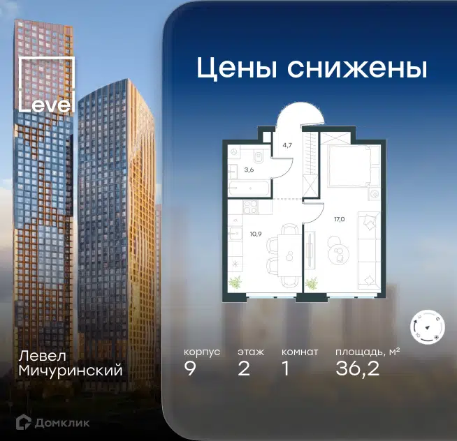 1-комнатная квартира 36.2 м² Левел Мичуринский