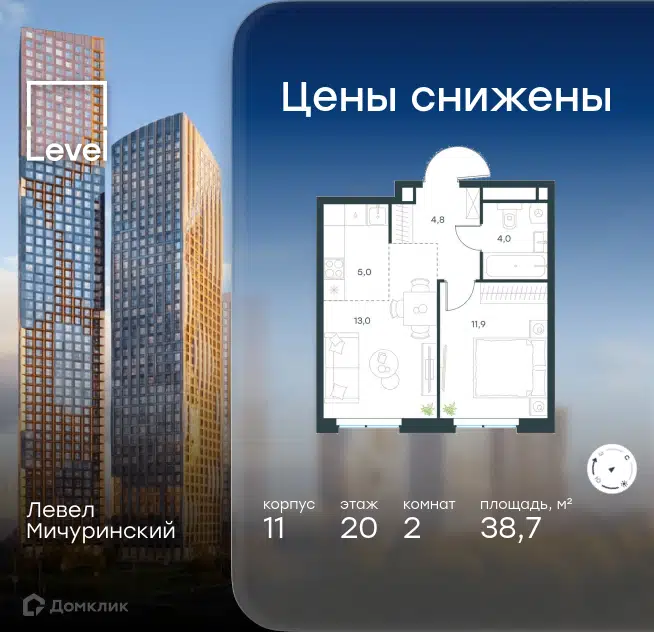 2-комнатная квартира 38.7 м² Левел Мичуринский