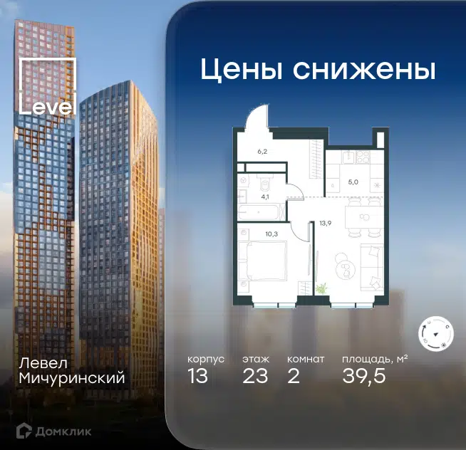 2-комнатная квартира 39.5 м² Левел Мичуринский