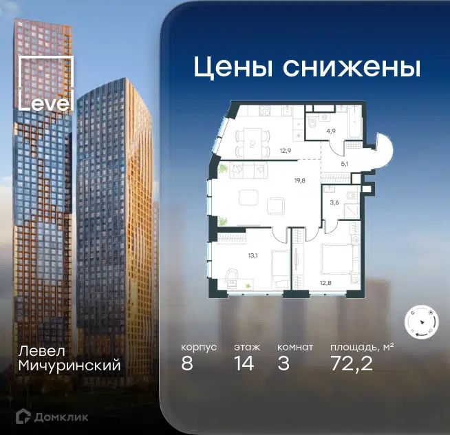 3-комнатная квартира 72.2 м² Левел Мичуринский