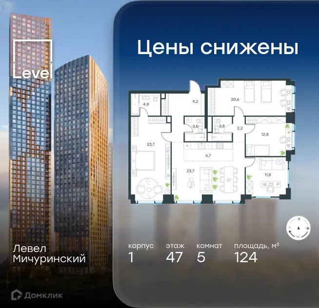5-комнатная квартира 124 м² Левел Мичуринский