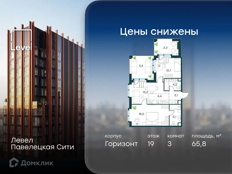 3-комнатная квартира 65.8 м² Левел Павелецкая Сити