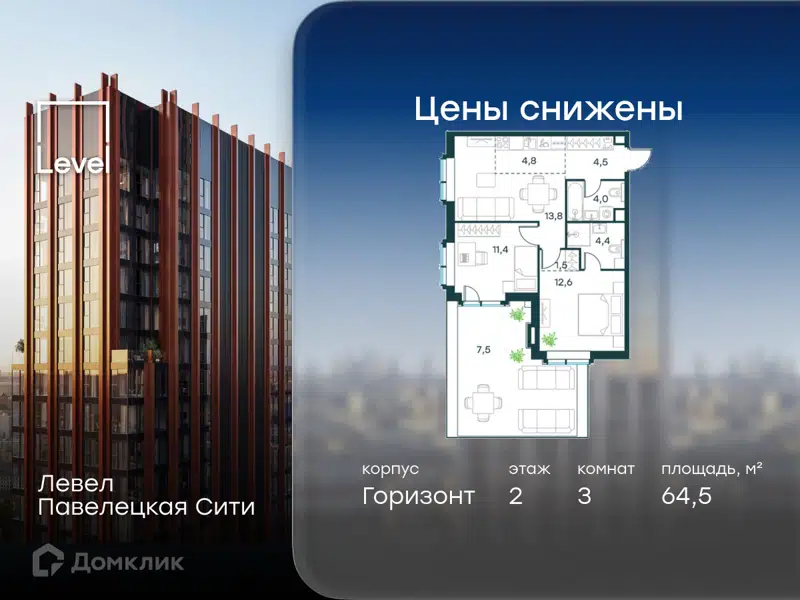 3-комнатная квартира 64.5 м² Левел Павелецкая Сити