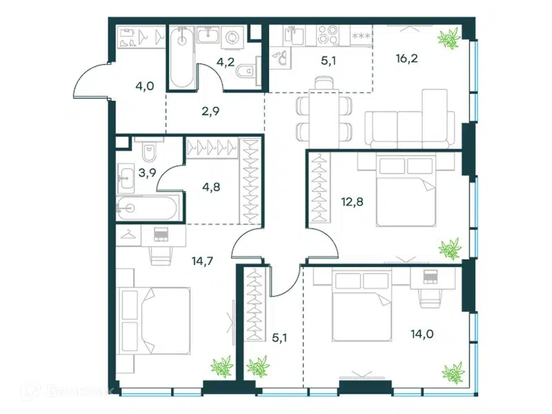 4-комнатная квартира 87.7 м² Левел Павелецкая Сити