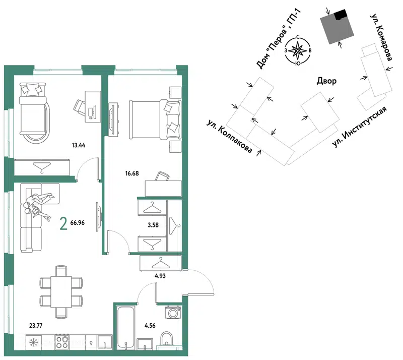 2-комнатная квартира 66.96 м² Страна.Парковая