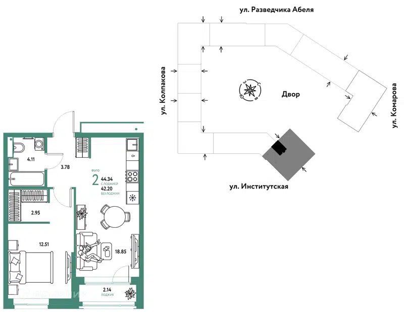 2-комнатная квартира 44.34 м² Страна.Парковая