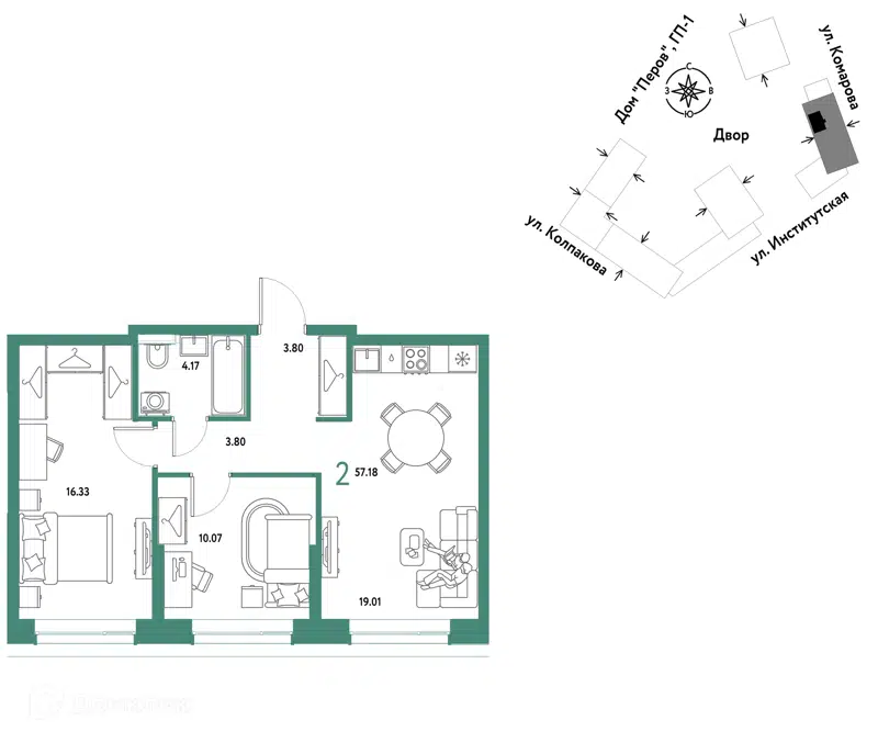 2-комнатная квартира 57.18 м² Страна.Парковая