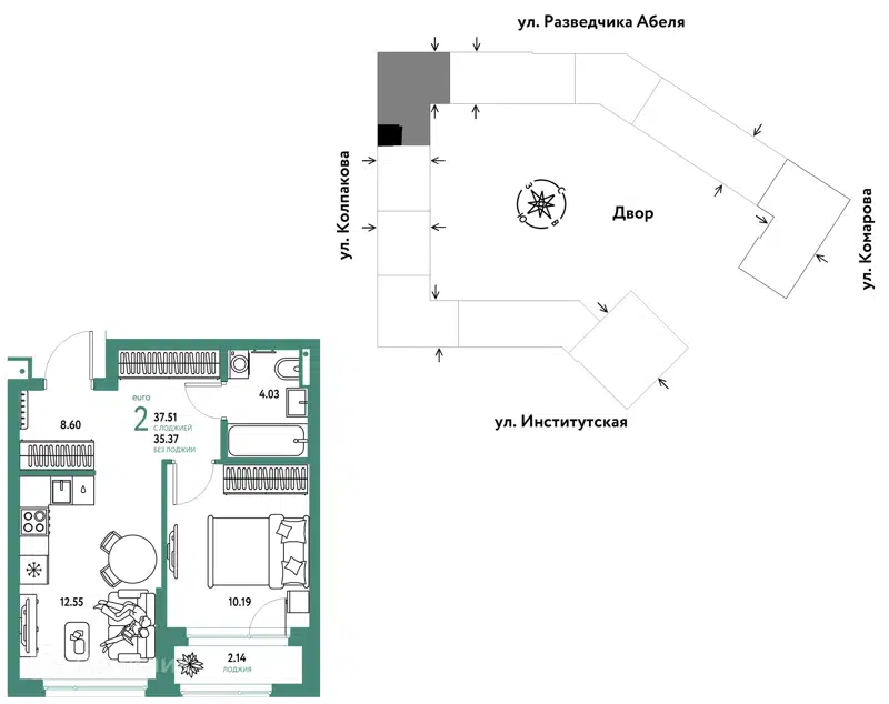 2-комнатная квартира 37.51 м² Страна.Парковая