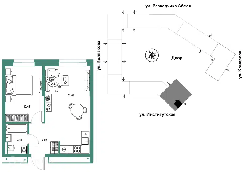 2-комнатная квартира 42.81 м² Страна.Парковая