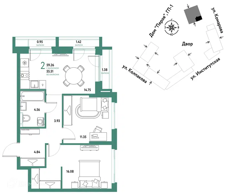 2-комнатная квартира 59.26 м² Страна.Парковая