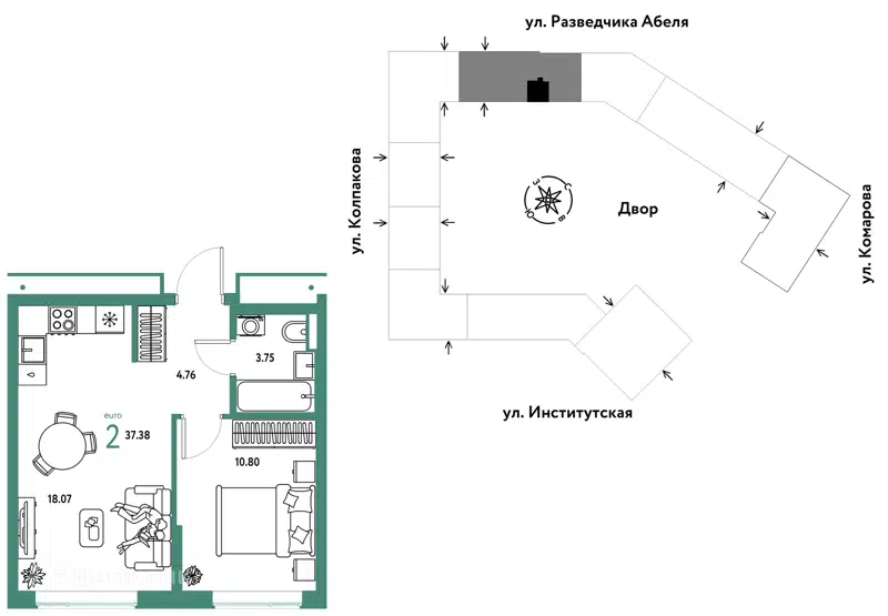2-комнатная квартира 37.38 м² Страна.Парковая
