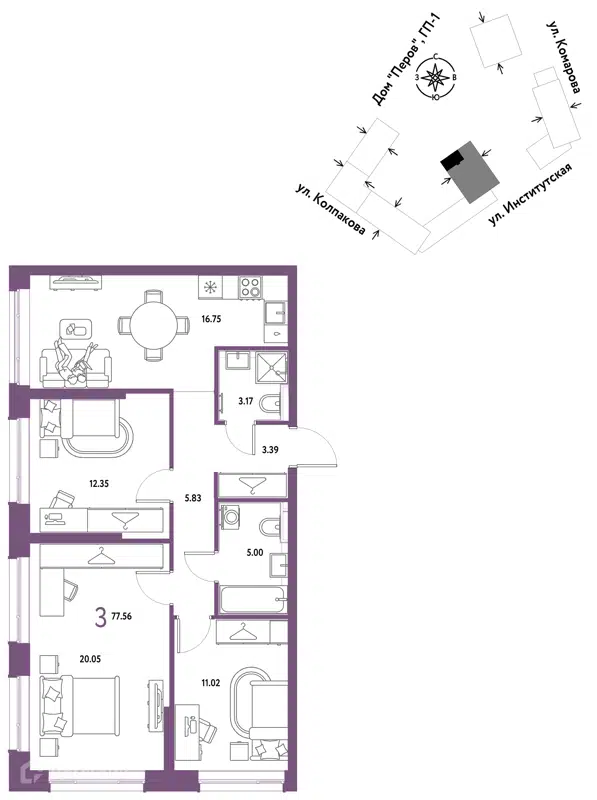 3-комнатная квартира 77.56 м² Страна.Парковая