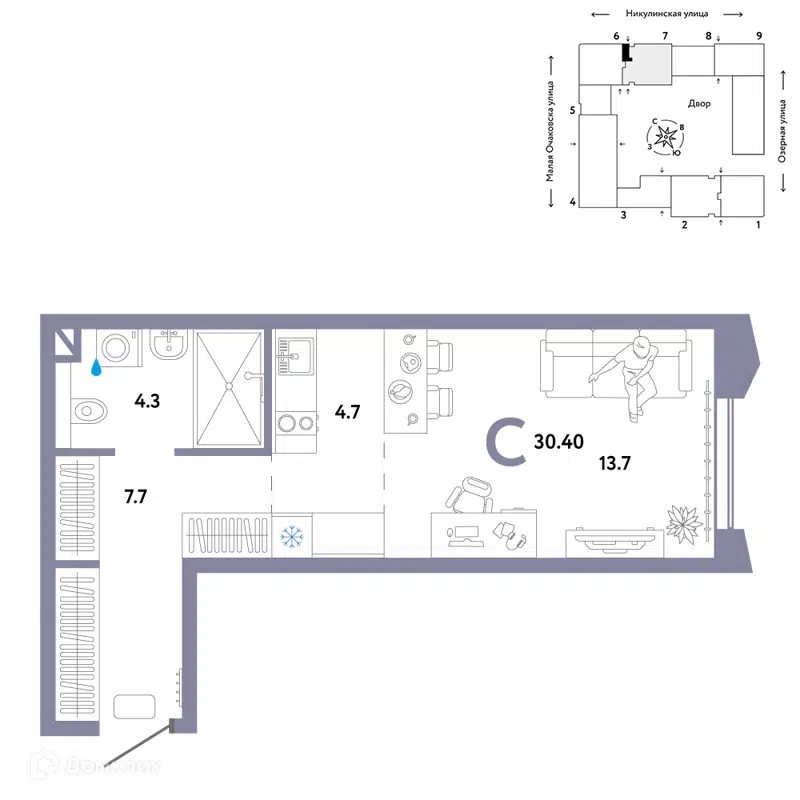 1-комнатная квартира 30.4 м² Страна.Озёрная
