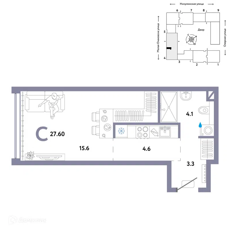 1-комнатная квартира 27.6 м² Страна.Озёрная