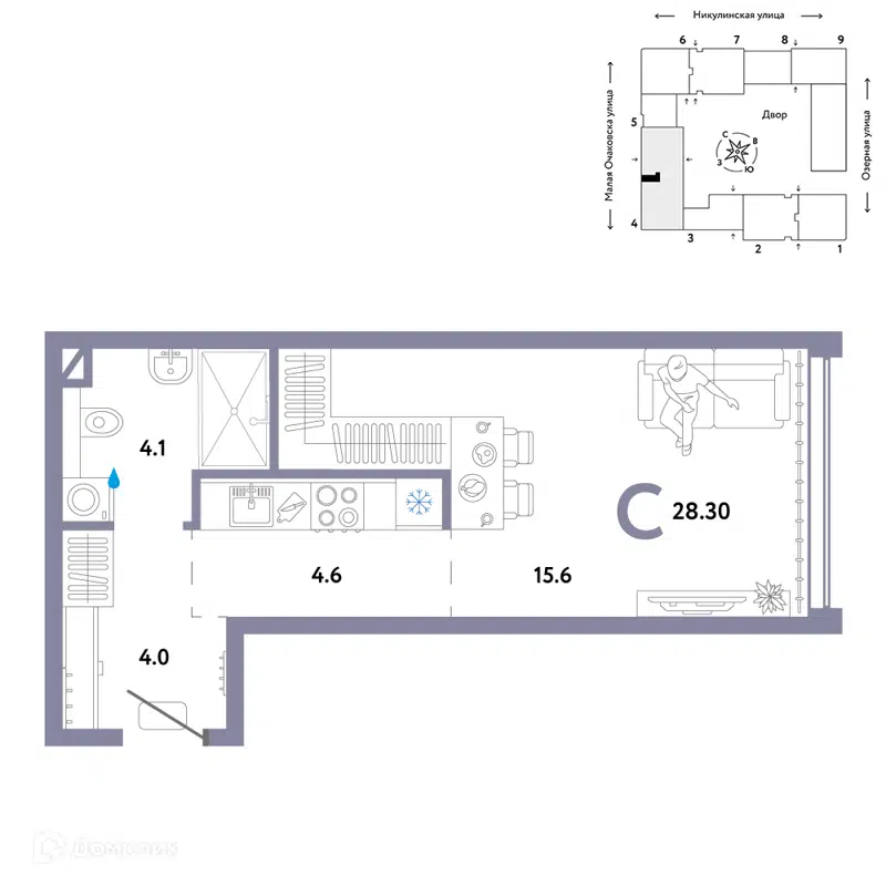 1-комнатная квартира 28.3 м² Страна.Озёрная