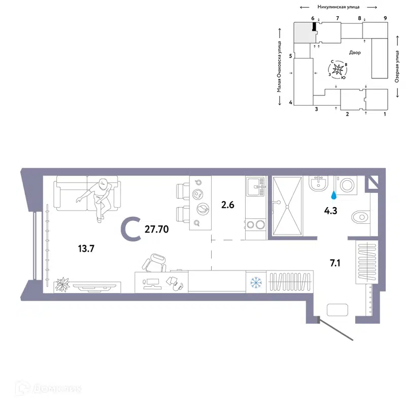 1-комнатная квартира 27.7 м² Страна.Озёрная