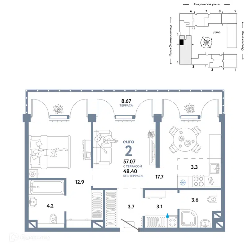 2-комнатная квартира 57.07 м² Страна.Озёрная