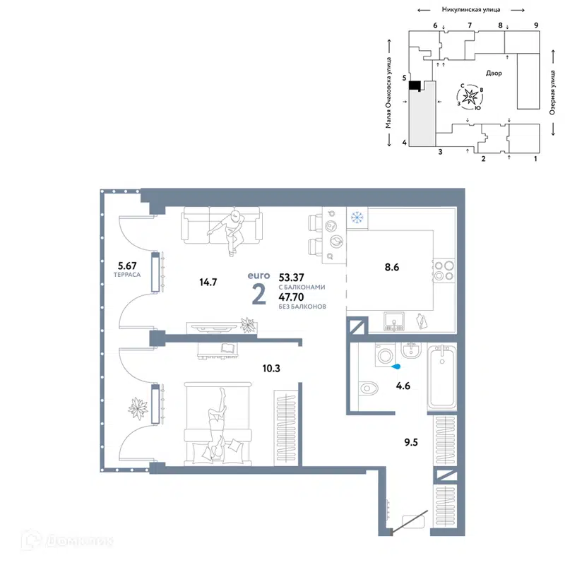 2-комнатная квартира 53.37 м² Страна.Озёрная