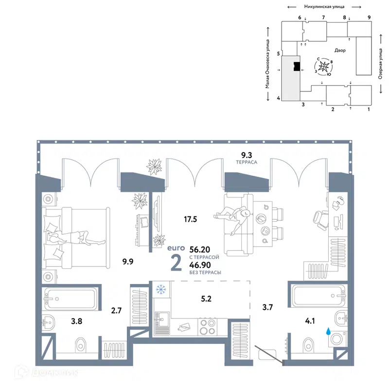 2-комнатная квартира 56.2 м² Страна.Озёрная
