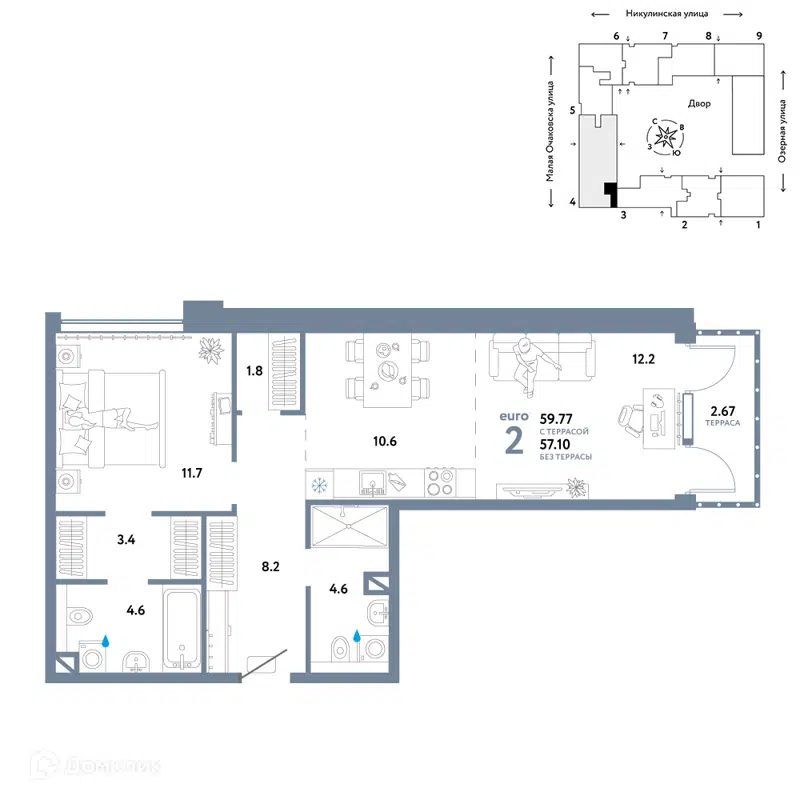 2-комнатная квартира 62.77 м² Страна.Озёрная