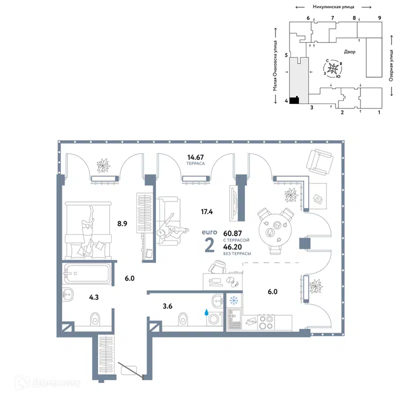 2-комнатная квартира 60.87 м² Страна.Озёрная