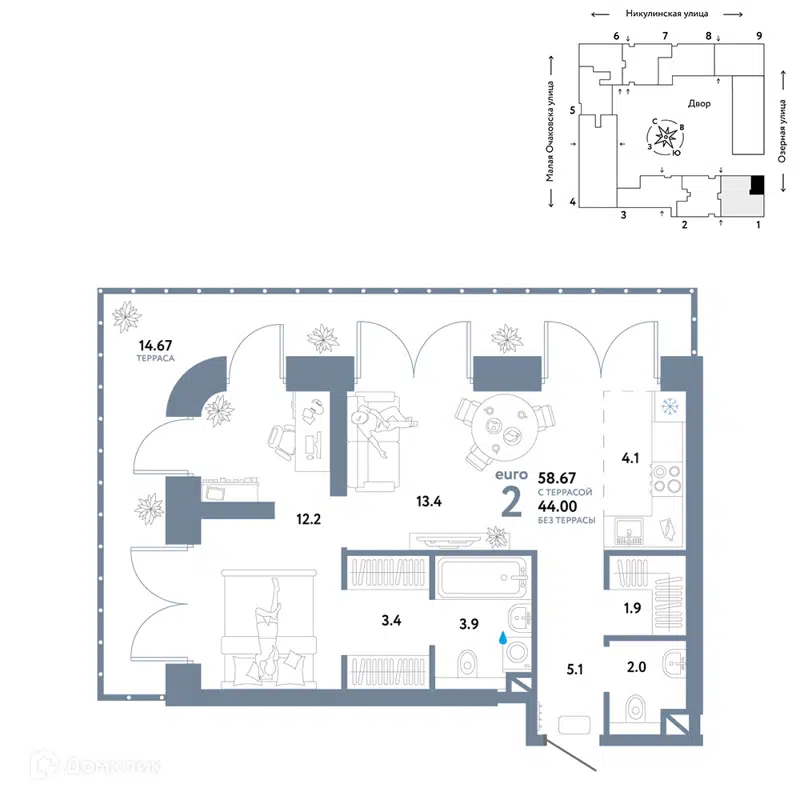 2-комнатная квартира 58.67 м² Страна.Озёрная