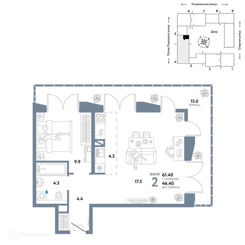 2-комнатная квартира 61.4 м² Страна.Озёрная