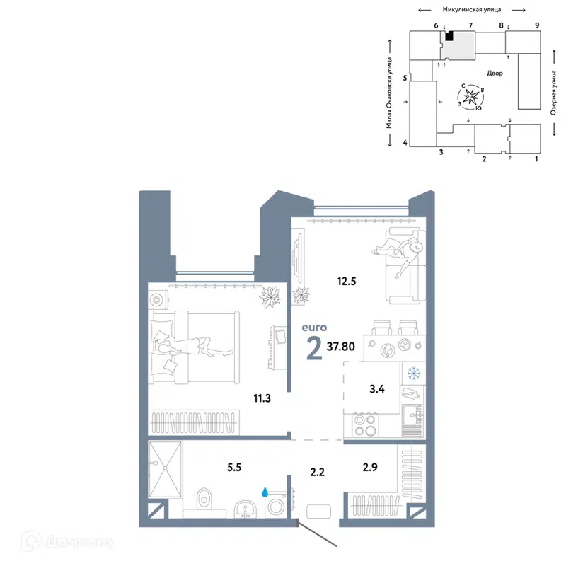 2-комнатная квартира 37.8 м² Страна.Озёрная