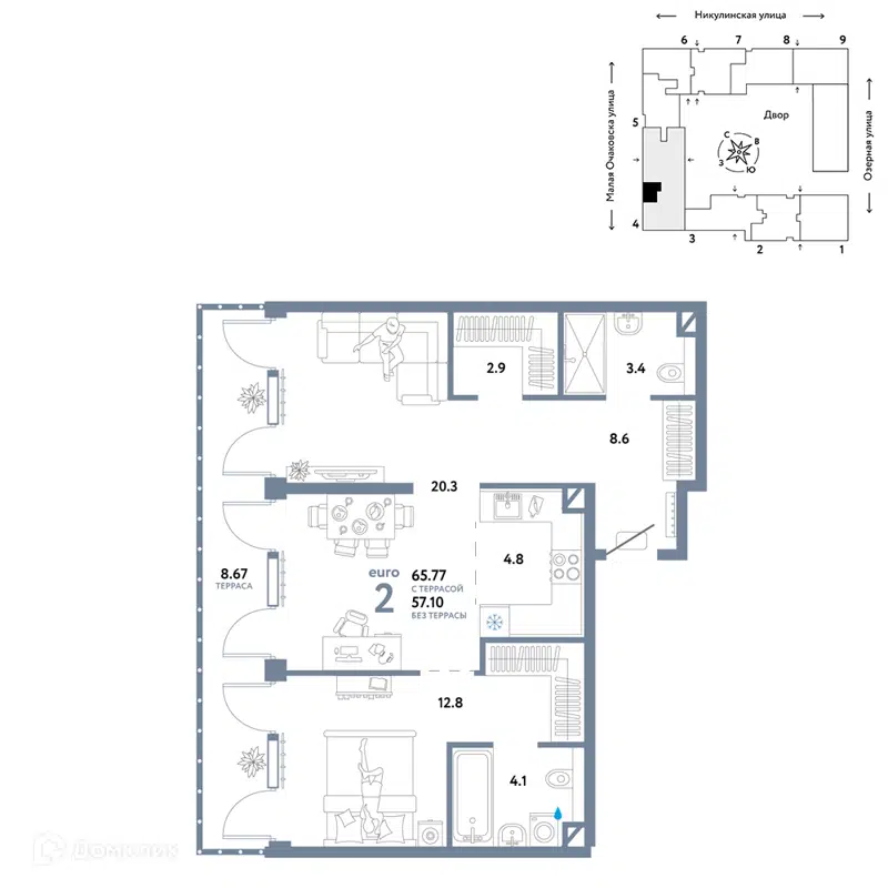 2-комнатная квартира 65.77 м² Страна.Озёрная