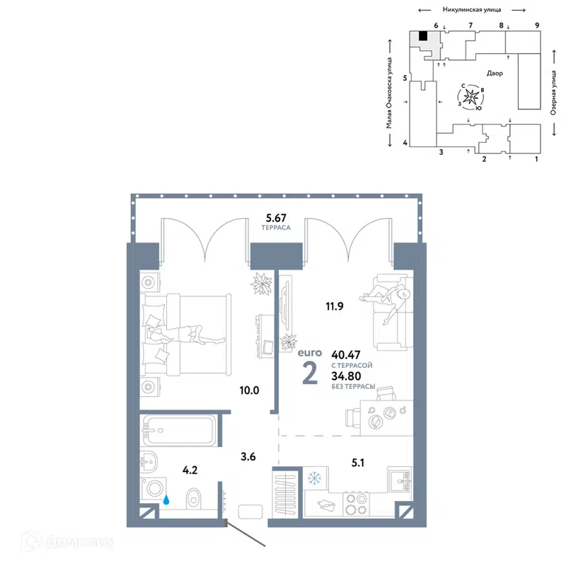 2-комнатная квартира 40.47 м² Страна.Озёрная
