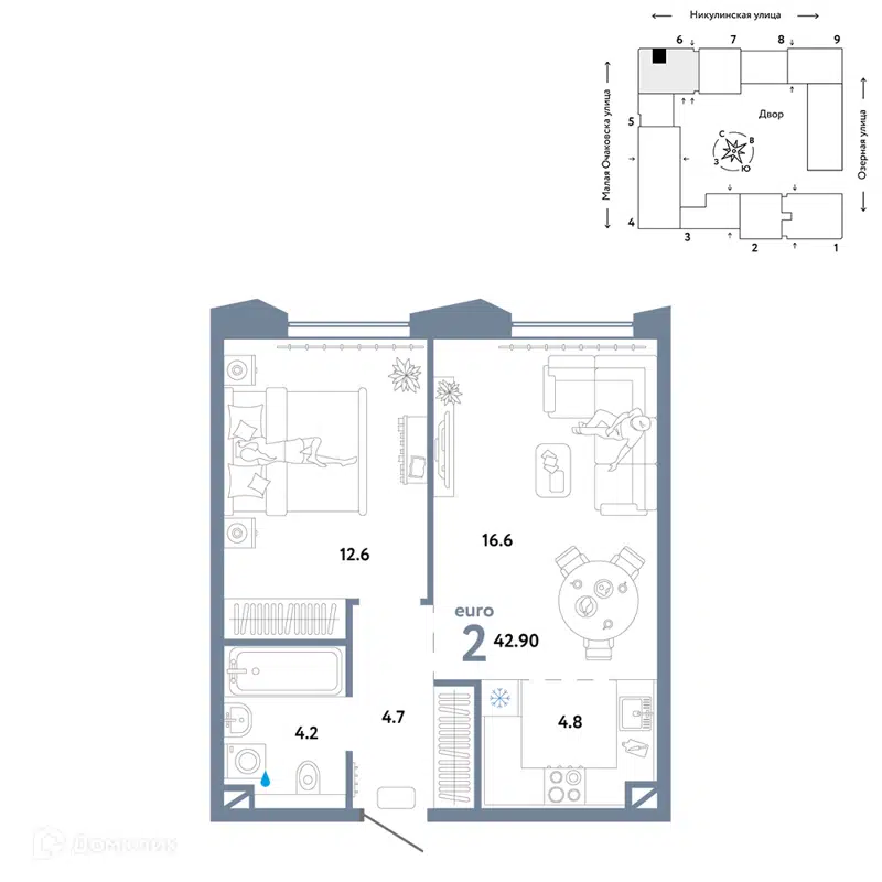 2-комнатная квартира 42.9 м² Страна.Озёрная