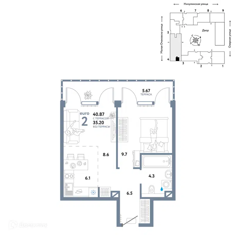 2-комнатная квартира 40.87 м² Страна.Озёрная