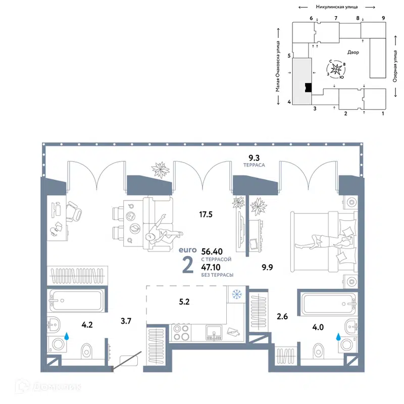 2-комнатная квартира 56.4 м² Страна.Озёрная