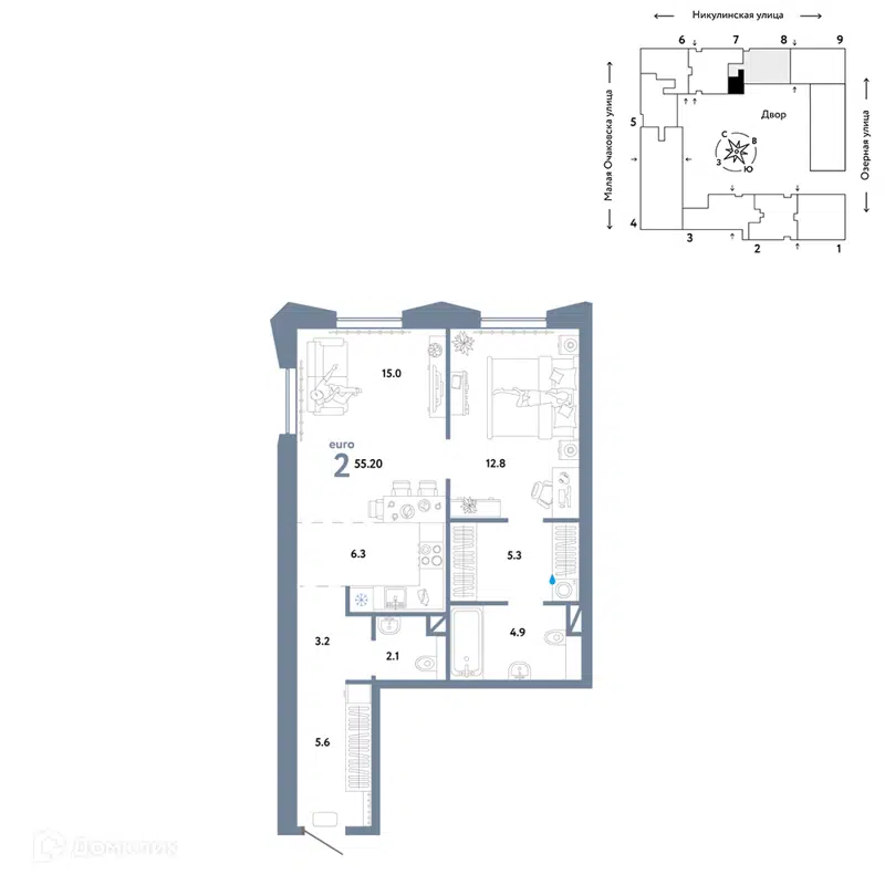 2-комнатная квартира 55.2 м² Страна.Озёрная