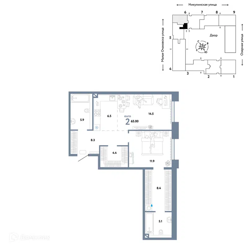 2-комнатная квартира 65 м² Страна.Озёрная