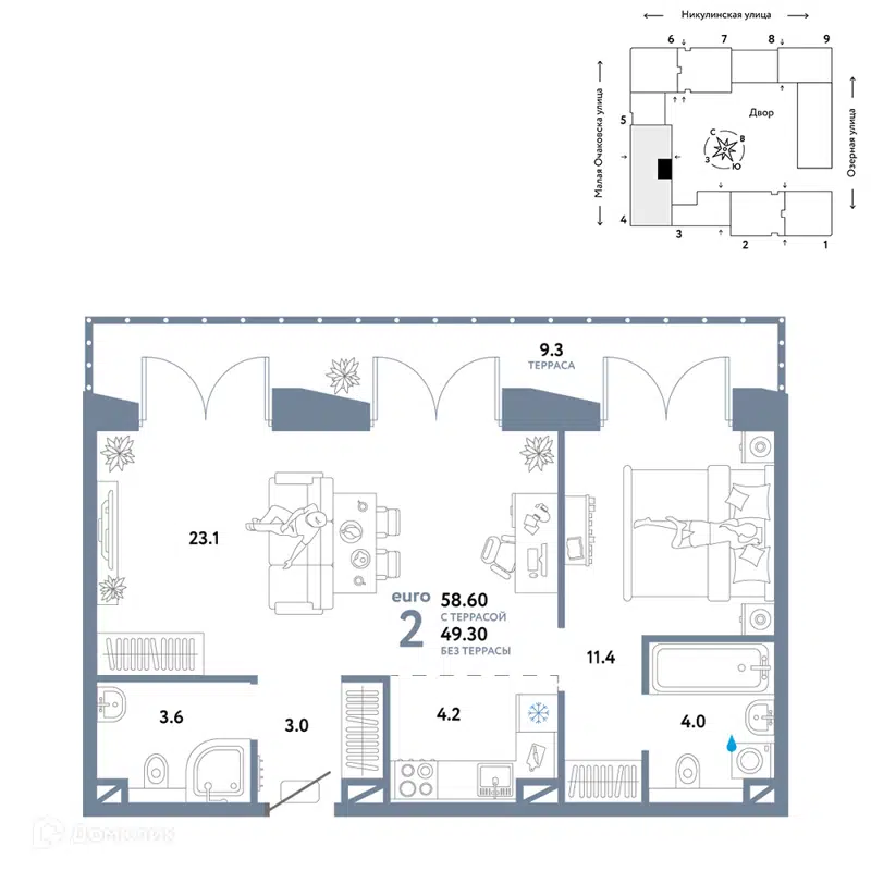 2-комнатная квартира 58.6 м² Страна.Озёрная